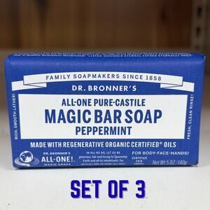 Set 3 Dr. Bronner's Peppermint Pure Castile Bar Soap Coconut Hemp Jojoba Oil 5oz
